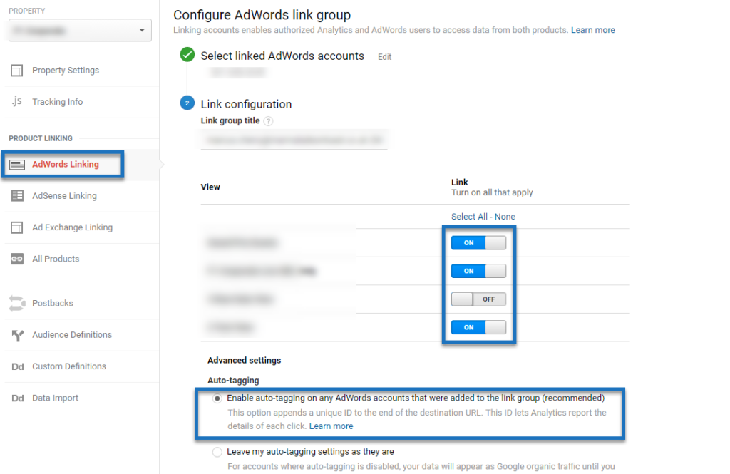 Configure AdWords Link Group example