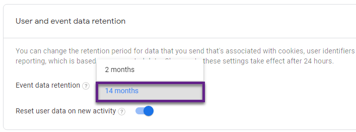 Google Analytics App + Web - User and event data retention