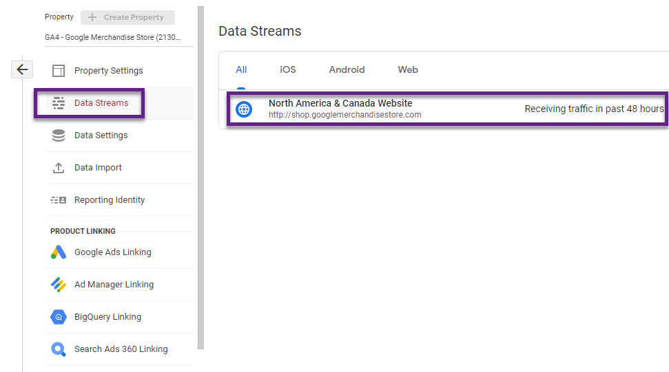 GA4 - Data Streams Google Merchandise Store