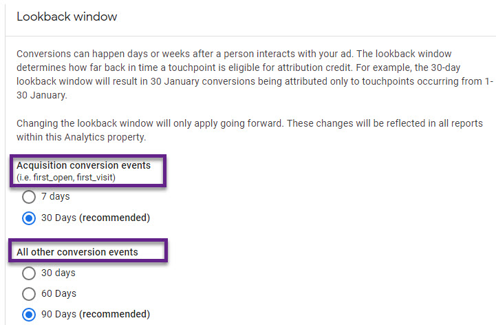GA4 - Lookback window