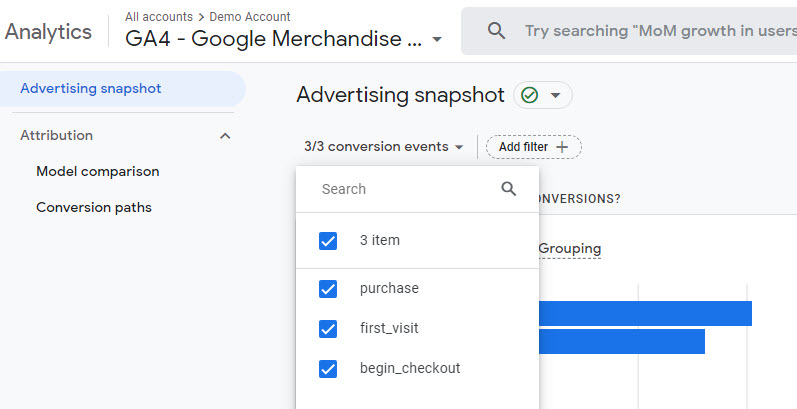 GA4 Google Merchandise Store - Advertising - Conversion events