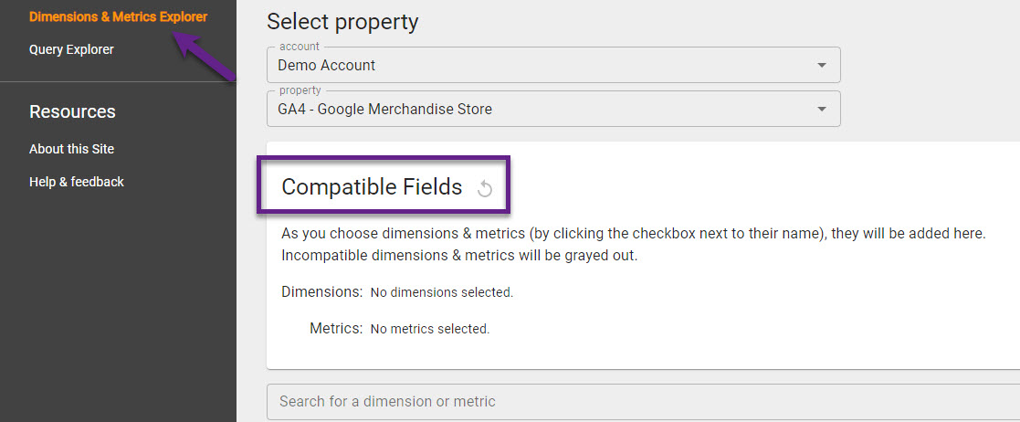 GA4 - metrics and dimensions (compatible fields)