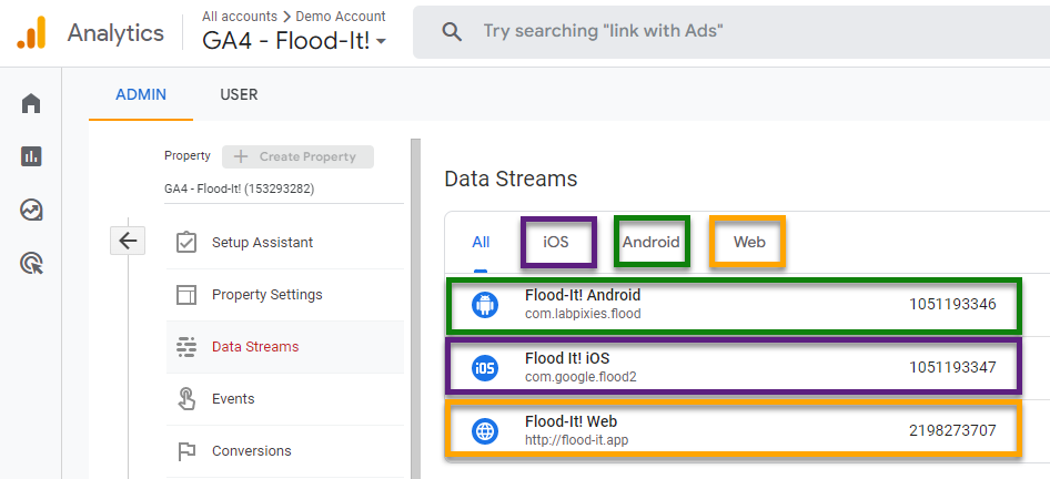GA4 - data streams web + app integration