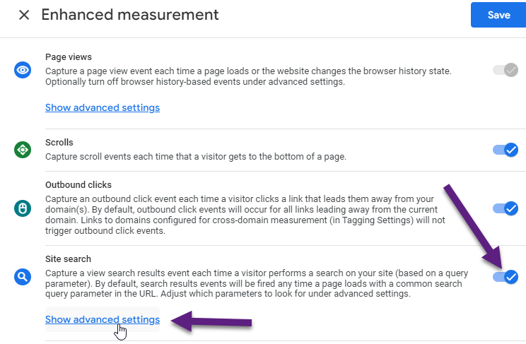 GA4 - enable site search and show advanced settings