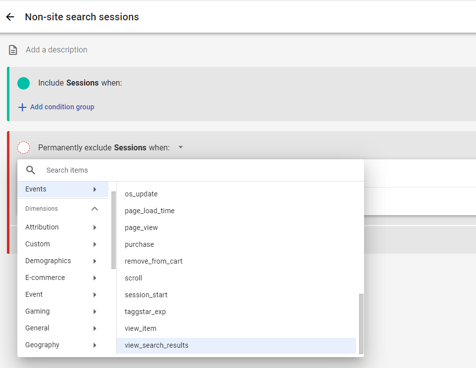 GA4 - segment - non-site search sessions