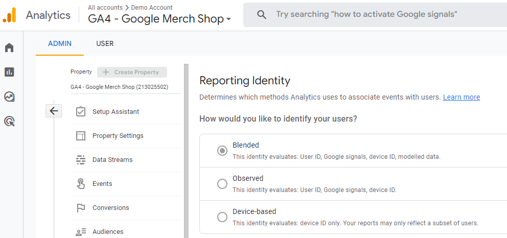 GA4 - reporting identity Google Demo store